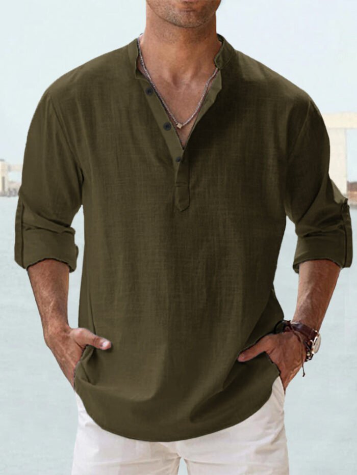 Men's Linen Stand-up Collar Long Sleeve T-shirt Loose Undershirt - Image 3