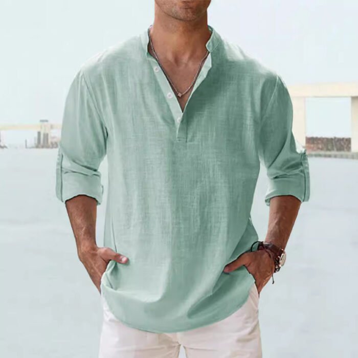 Men's Linen Stand-up Collar Long Sleeve T-shirt Loose Undershirt - Image 1