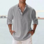 Men's Linen Stand-up Collar Long Sleeve T-shirt Loose Undershirt - Image 8