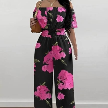 Ladies' One Shoulder Floral Print Waist Cinching Off Shoulder Sexy Fashion Jumpsuit