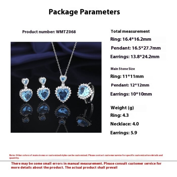 European And American Aquamarine Colored Gems Necklace Ear Stud Ring Women's - Image 5