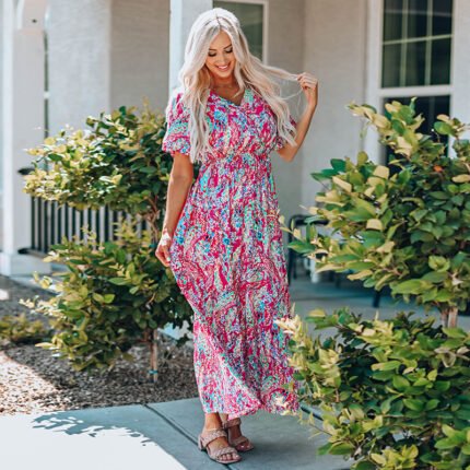 Summer New Short Sleeve V-neck Pullover Floral Skirt Women