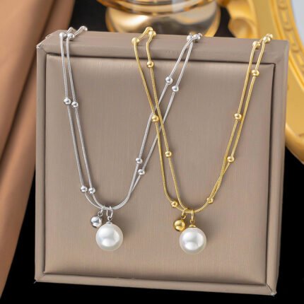 Fashion Simple Versatile Titanium Steel Double Chain Pearl Necklace
