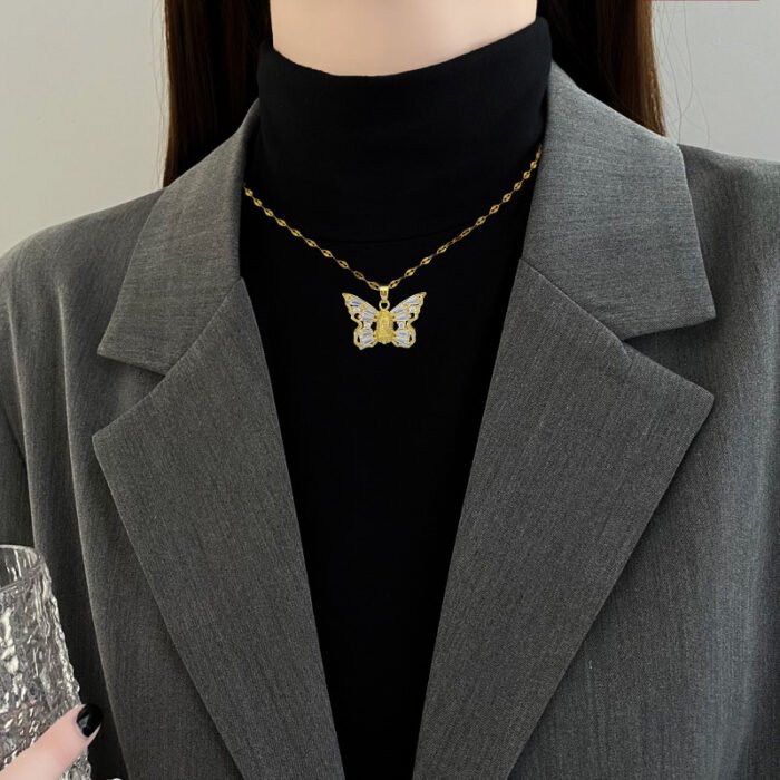 Titanium Steel Micro-inlaid Portrait Butterfly Zircon Necklace - Image 4