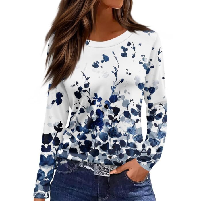 European And American Slim-fit Cotton-like Round Neck Printed Solid Color Long Sleeve Long Sleeve - Image 6