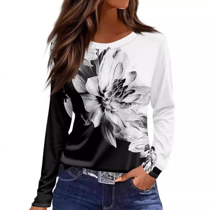European And American Slim-fit Cotton-like Round Neck Printed Solid Color Long Sleeve Long Sleeve - Image 1