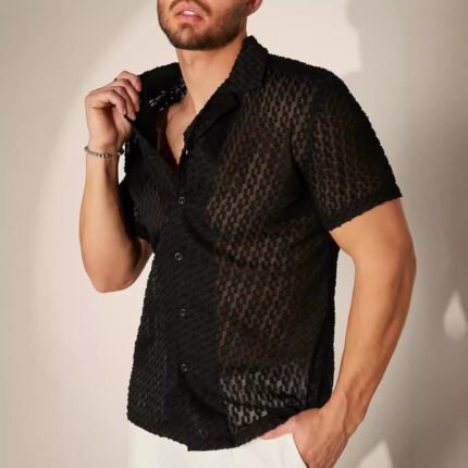 New Men's Hollow Jacquard Casual Slim Shirt