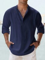 Men's Linen Stand-up Collar Long Sleeve T-shirt Loose Undershirt - Image 2