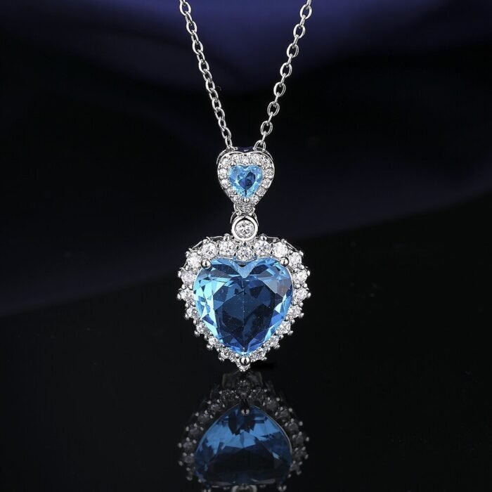 European And American Aquamarine Colored Gems Necklace Ear Stud Ring Women's - Image 4