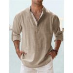 Men's Linen Stand-up Collar Long Sleeve T-shirt Loose Undershirt - Image 7