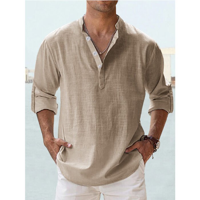 Men's Linen Stand-up Collar Long Sleeve T-shirt Loose Undershirt - Image 7