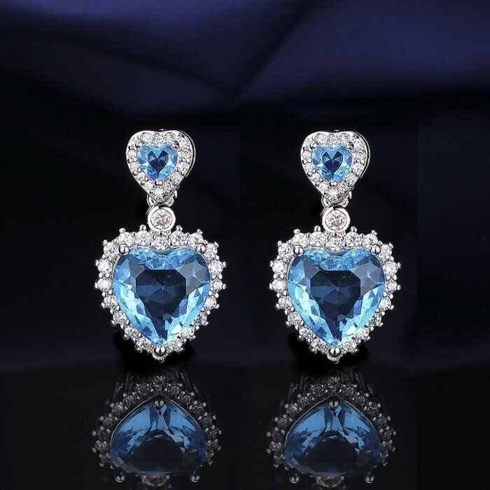 European And American Aquamarine Colored Gems Necklace Ear Stud Ring Women's - Image 3